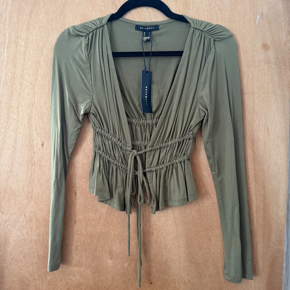 Olive Green Long Sleeve Tie Front Smocked Dainty Crop Top Size S NWT